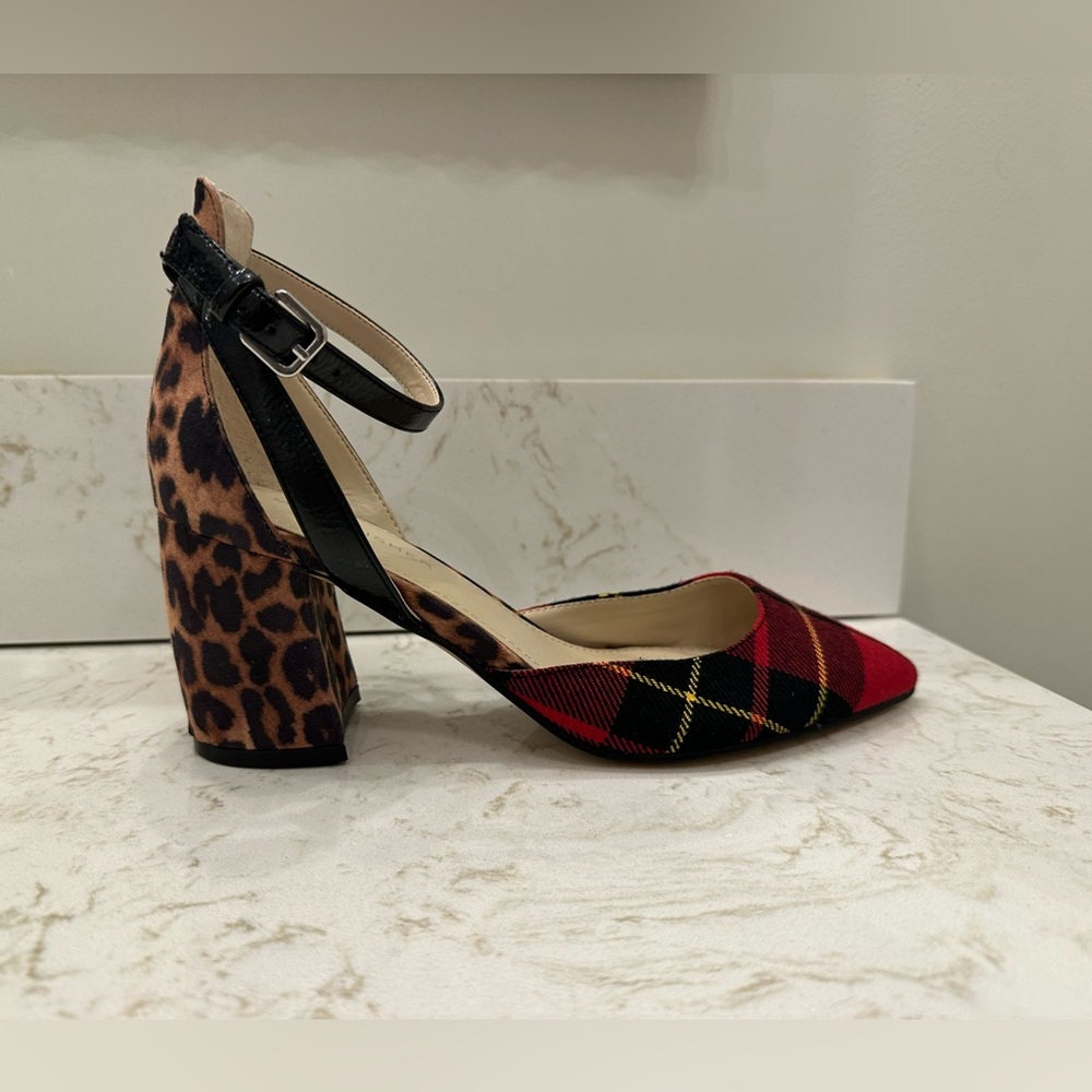 Marc Fisher Tartan Plaid Leopard Ankle Strap Block Heels 6 - Picture 4 of 12